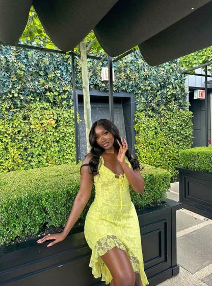 Gorgeous Yellow Strapless Lace High-Low Ball Gown Evening Dress HZ1024