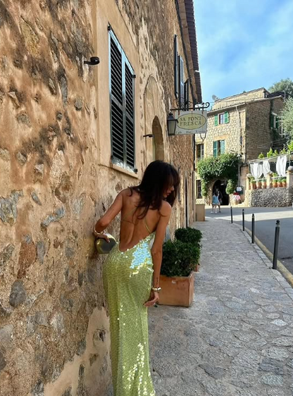 Sexy Low Cut Halter Green Sequined Backless Floor Length Ball Gown Evening Dress HZ1024