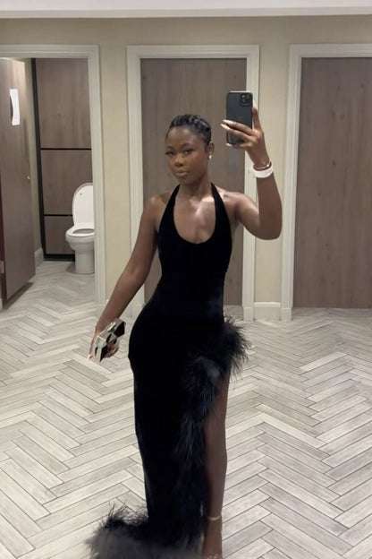 Sexy Black Velvet Halter Neck Side Slit Floor-Mounting Ball Gown Evening Dress HZ1024