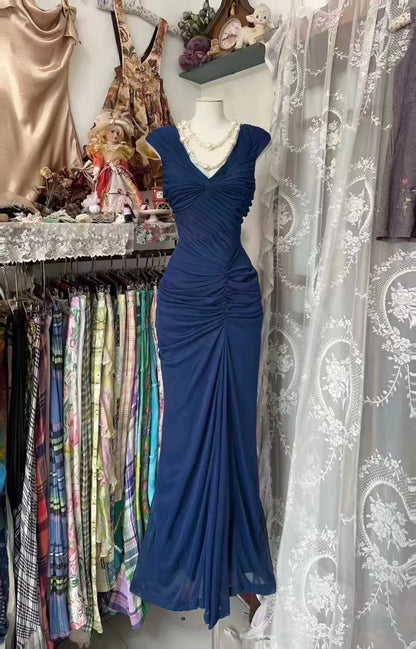 Vintage Navy Strapless Sleeveless Ruffled Mermaid Tulle Ball Gown Evening Dress HZ1024
