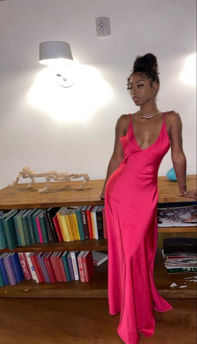 Hot Pink Spaghetti Strap Low Neck Satin Slit Floor Length Ball Gown Evening Dress HZ1024