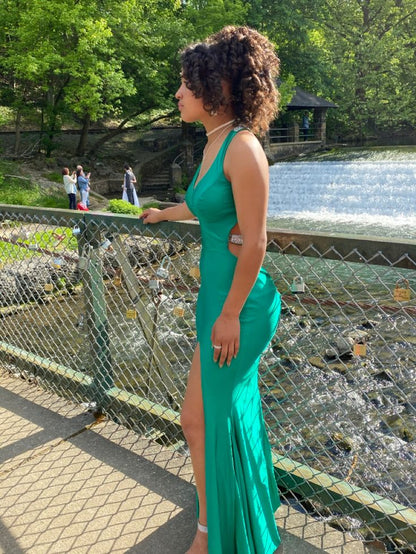 Gorgeous Satin Strap V Neck Sleeveless Backless Mermaid Formal Prom Dress Evening Gown HZ1024