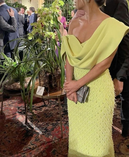 Elegant Yellow Off Shoulder Sleeveless Floor Length Formal Prom Dress Evening Gown HZ1024