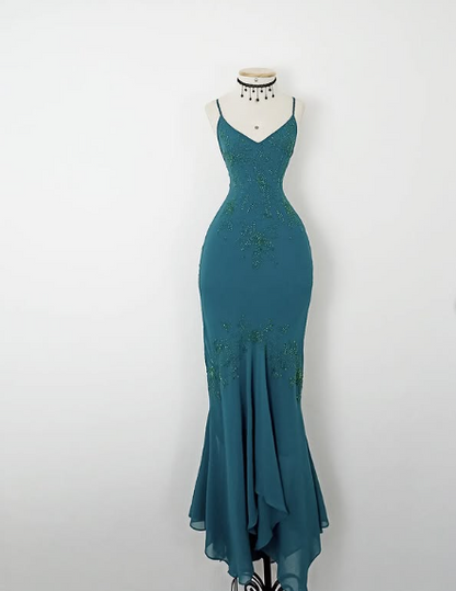 Vintage Blue Spaghetti Strap V Neck Beaded Off Shoulder Mermaid Ball Gown Evening Dress HZ1024