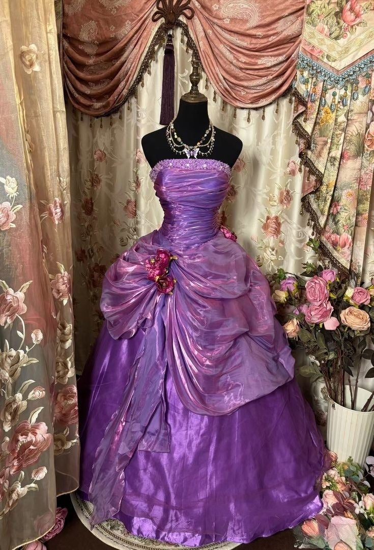 Vintage Strapless A-Line Purple Pleated Formal Long Prom Dress Evening Gown HZ1024