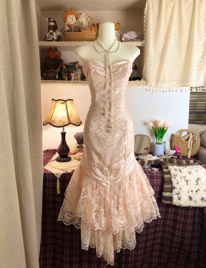 Sweetheart Pink Strapless Satin Bow Lace Long Prom Dress Evening Gown HZ1024