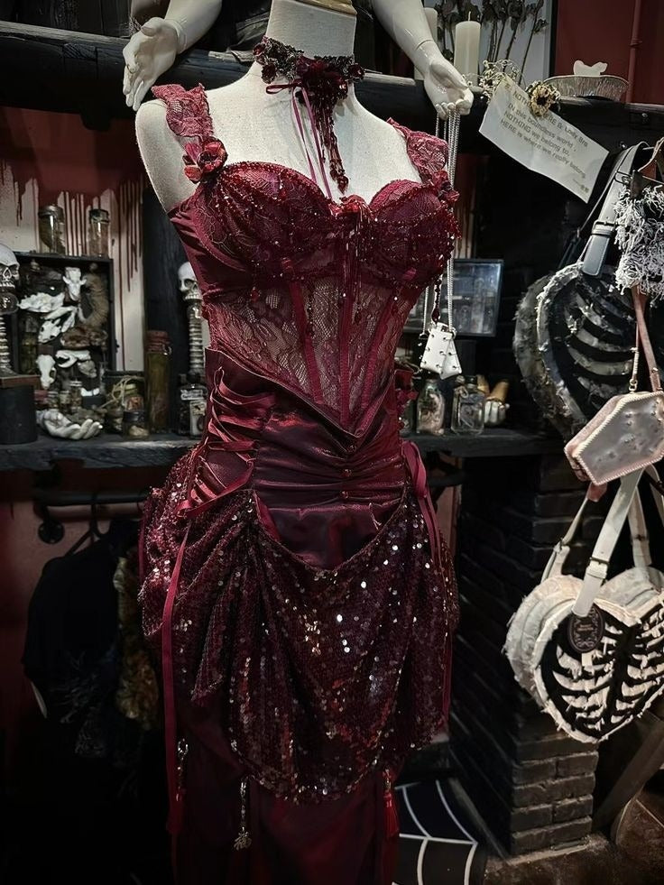 Vintage Burgundy Strap Lace Beaded Sequin Satin Mermaid Prom Dress Party Dress HZ1024