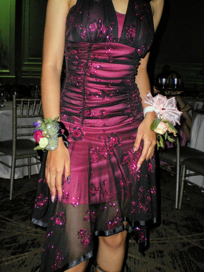 Vintage Pink Satin Halter Neck Sleeveless Sequin Short Ball Gown Evening Dress HZ1024