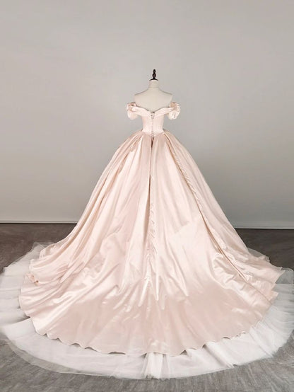 Elegant Pink Satin A-Line Off-The-Shoulder Floor-Sweeping Prom Dress Evening Gown HZ1024