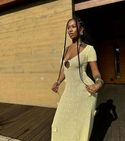 Sexy Light Yellow Short Sleeve Hollow Knitted Mermaid Floor Length Ball Gown Party Dress HZ1024