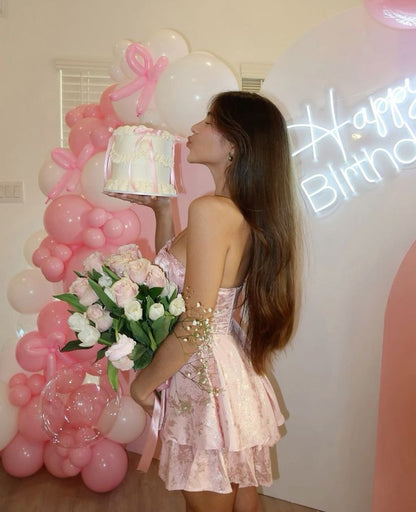 Sweetheart Pink Strapless Mini Birthday Party Dress Homecoming Dress HZ1024