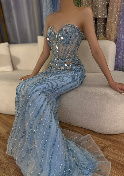 Gorgeous Blue Strapless Sweetheart Neck Sequin Mermaid Long Prom Dress Evening Dress HZ1024