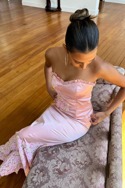 Vintage Pink Satin Sweetheart Neck Lace Mermaid Long Ball Gown Evening Dress HZ1024