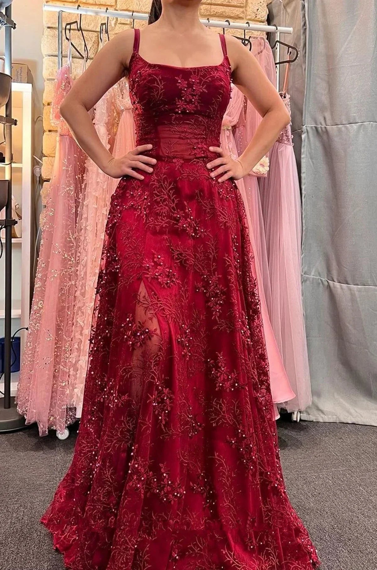 Gorgeous Burgundy Strap Beaded Sleeveless Long Ball Gown Evening Dress HZ1024