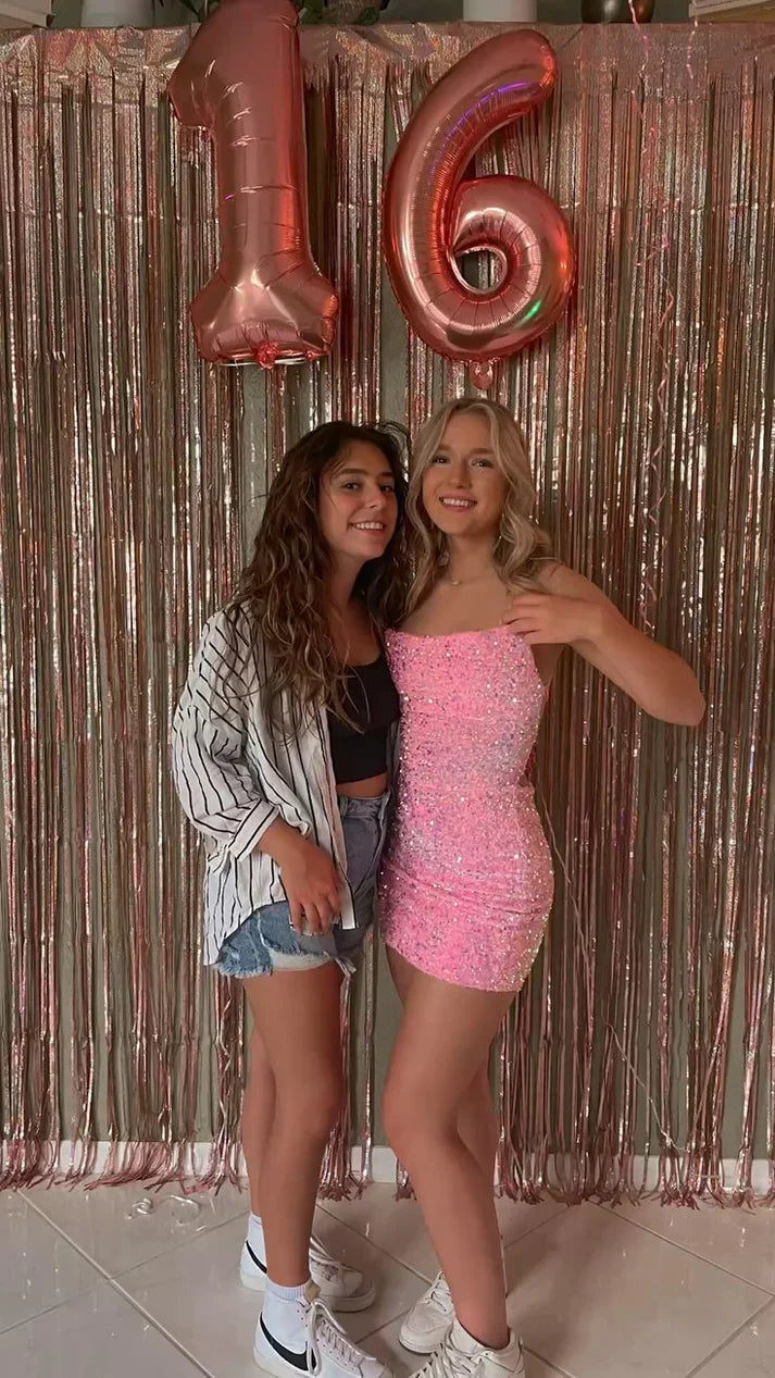 Sparkling Halter Neck Pink Sequin Backless Short Birthday Party Dress Homecoming Dress HZ1024