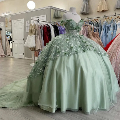 Gorgeous A-line Tutu Off-shoulder 3D Flower Strap Train Formal Prom Dress Evening Gown HZ1024