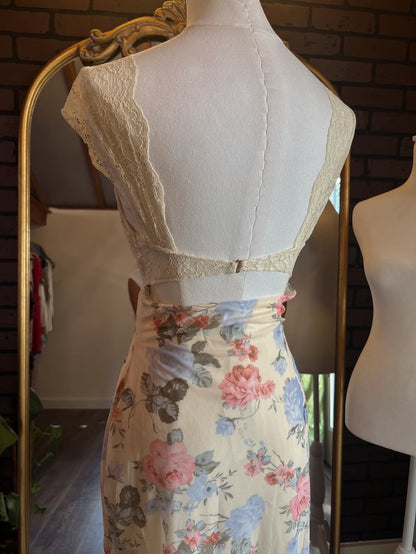 Vintage Floral Ivory Lace Backless Mermaid Prom Dress Evening Dress HZ1024
