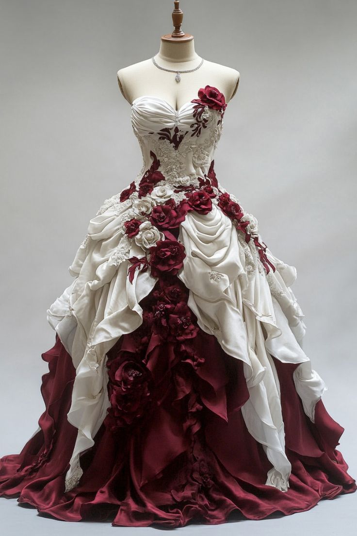 Vintage White and Red Strapless Sweetheart Neck 3D Flower Pleated Long Prom Dress Evening Dress HZ1024