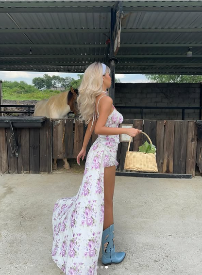 Printed Spaghetti Strap Sleeveless Chiffon High Low Prom Dress Party Dress HZ1024