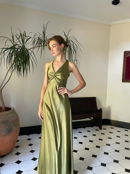 Halterneck Elegant Green Backless Satin A-Line Prom Dress Evening Gown HZ1024