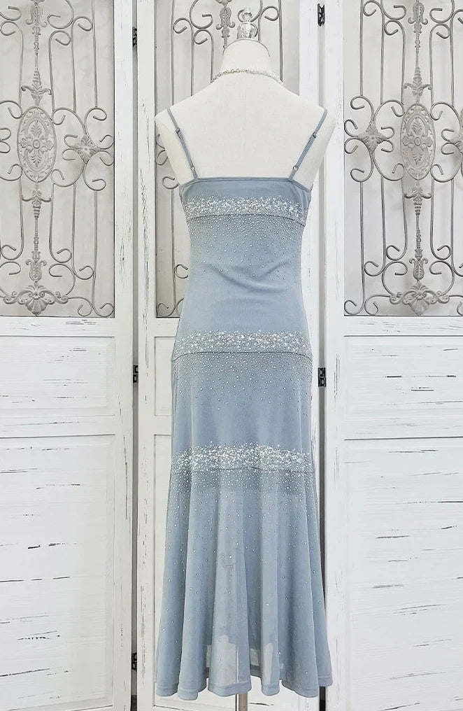 Spaghetti Strap Sleeveless Simple Blue Sequin Mermaid Prom Dress Evening Dress HZ1024