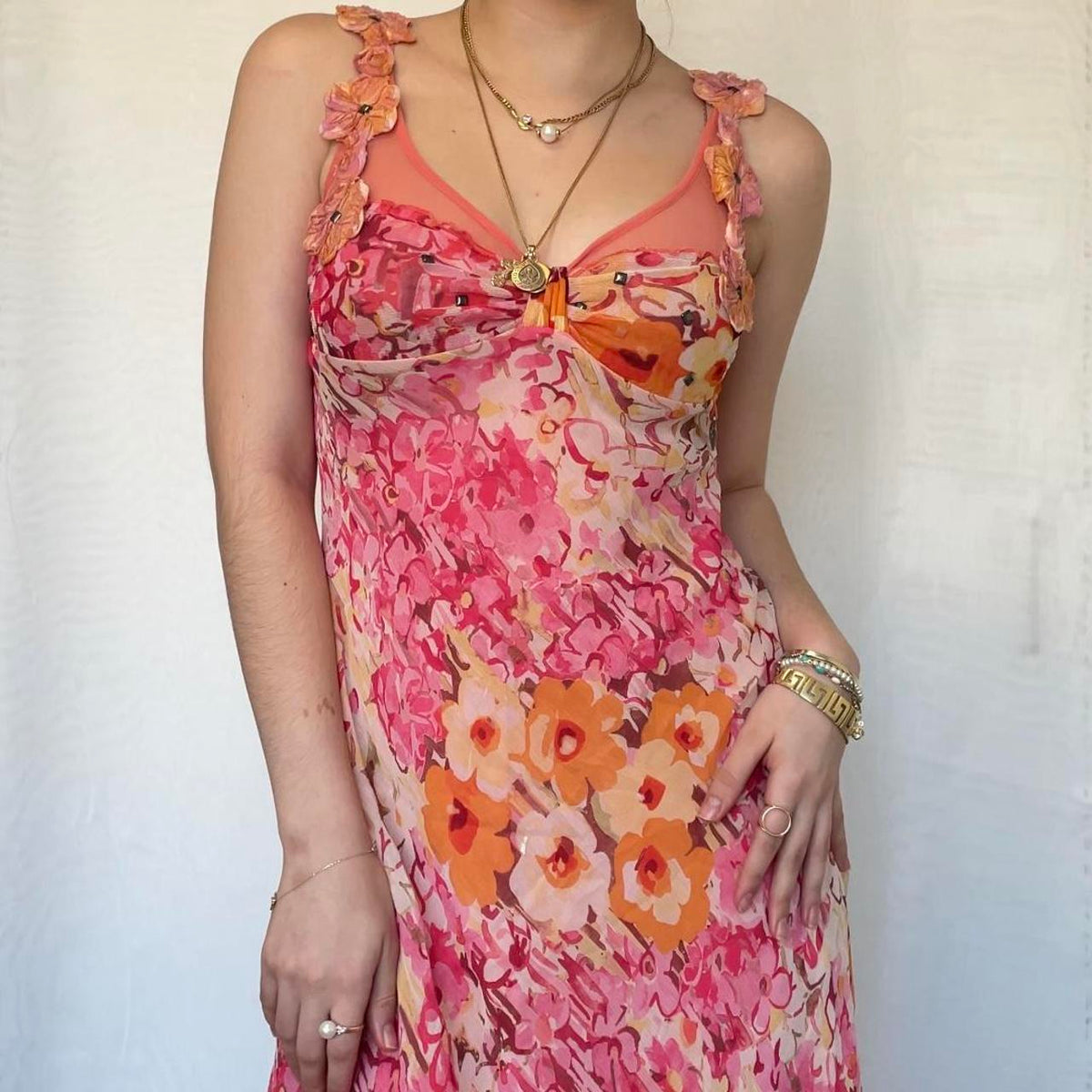 Vintage Pink Printed V Neck Sleeveless Chiffon Prom Dress Evening Dress HZ1024