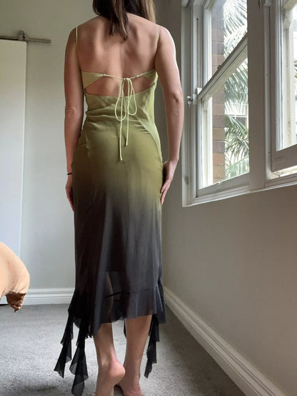 Gradient Green Spaghetti Strap Chiffon Sleeveless Ruffle Ankle Length Ball Gown Evening Dress HZ1024