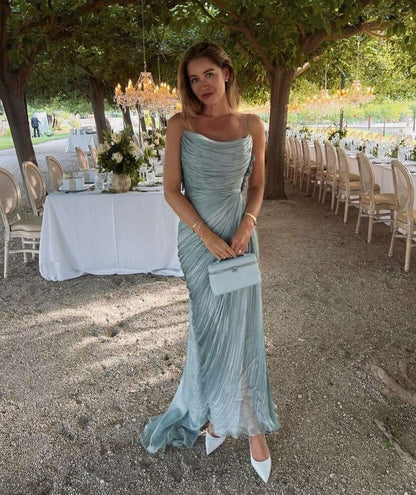 Elegant Blue Spaghetti Strap Sleeveless Pleated Backless Long Formal Prom Dress Evening Gown HZ1024