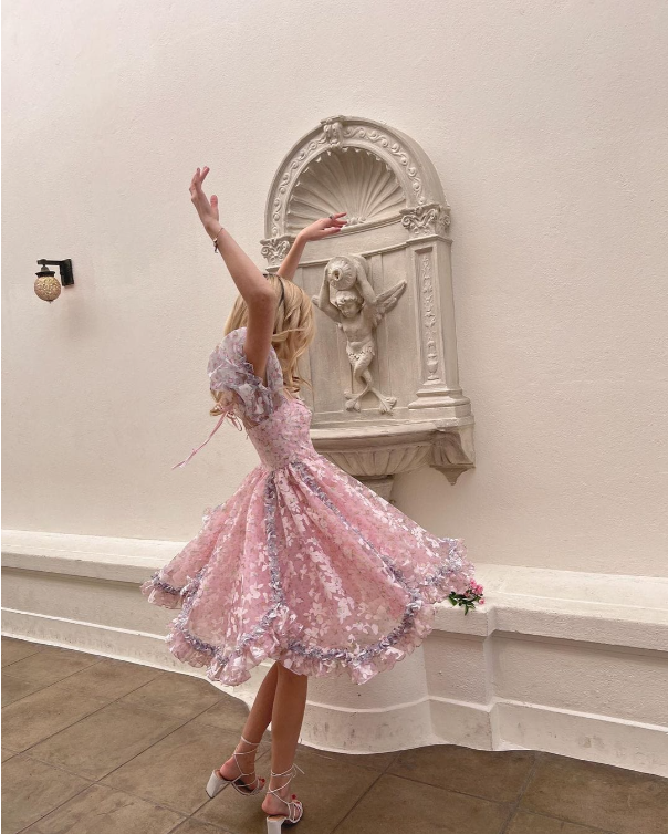 Sweetheart Pink Printed Short Sleeve A-Line Knee Length Birthday Party Dress Homecoming Dress HZ1024