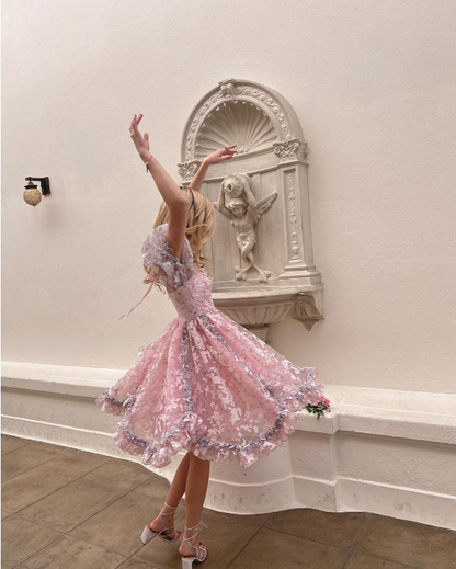 Sweetheart Pink Printed Short Sleeve A-Line Knee Length Birthday Party Dress Homecoming Dress HZ1024