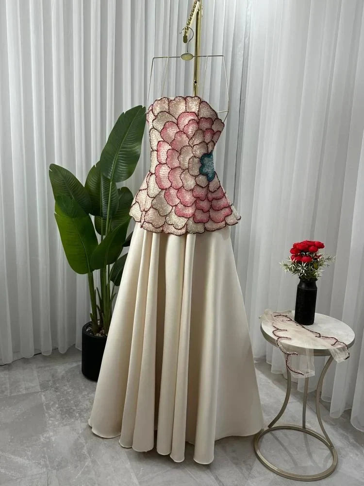 Elegant A-Line Strapless Beaded Satin Long Formal Prom Dress Evening Gown HZ1024