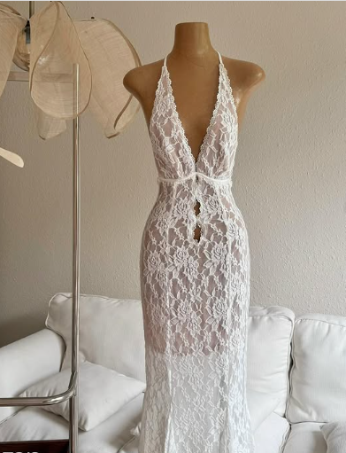 Sexy Deep V Neck White Lace Halter Backless Mermaid Prom Dress Evening Dress HZ1024