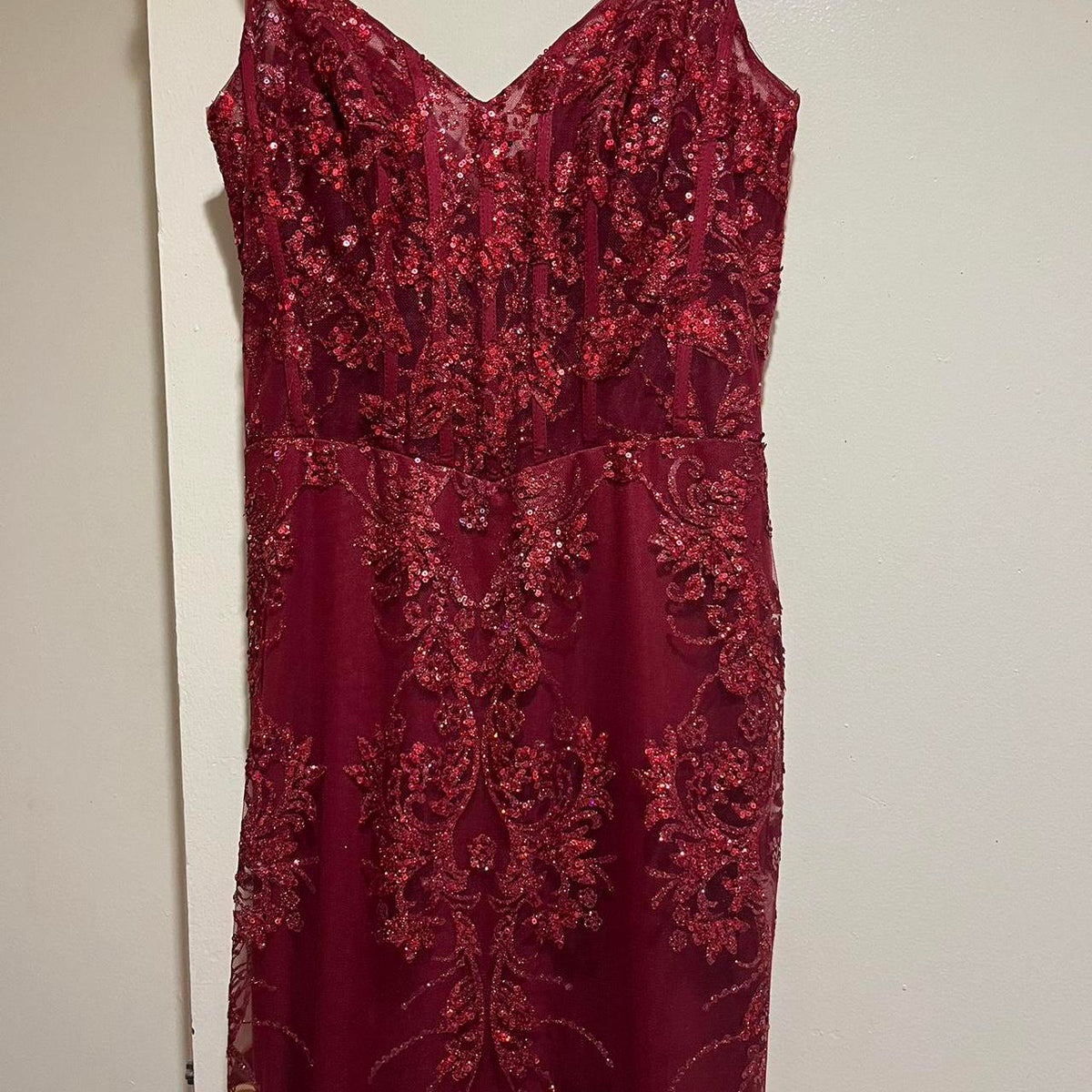 Sexy Burgundy Strapless V-Neck Mermaid Sequined Ball Gown Evening Dress HZ1024