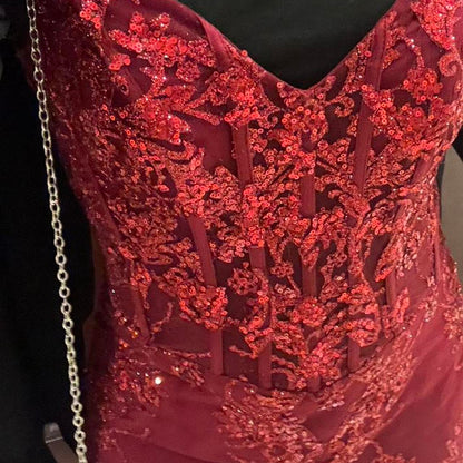 Sexy Burgundy Strapless V-Neck Mermaid Sequined Ball Gown Evening Dress HZ1024
