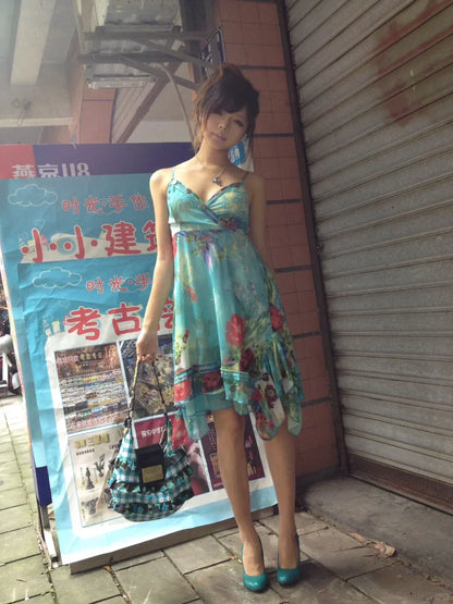 Vintage Strapless V Neck Sleeveless Chiffon Printed Short Party Dress Homecoming Dress HZ1024