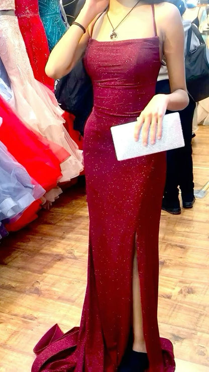 Sexy Mermaid Off-shoulder Burgundy Slit Floor-length Prom Dress Evening Dress HZ1024