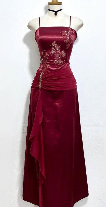 Vintage wine red suspender satin sequin A-line prom dress evening dress HZ1024