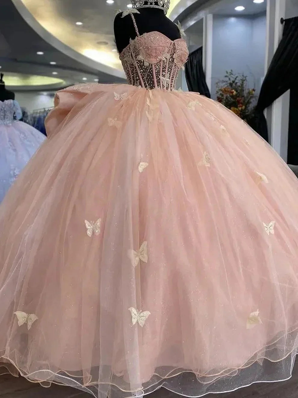 Sweet Pink Bow Tulle Butterfly A-Line Tutu Prom Dress Evening Gown HZ1024