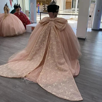 Sweet Pink Bow Tulle Butterfly A-Line Tutu Prom Dress Evening Gown HZ1024