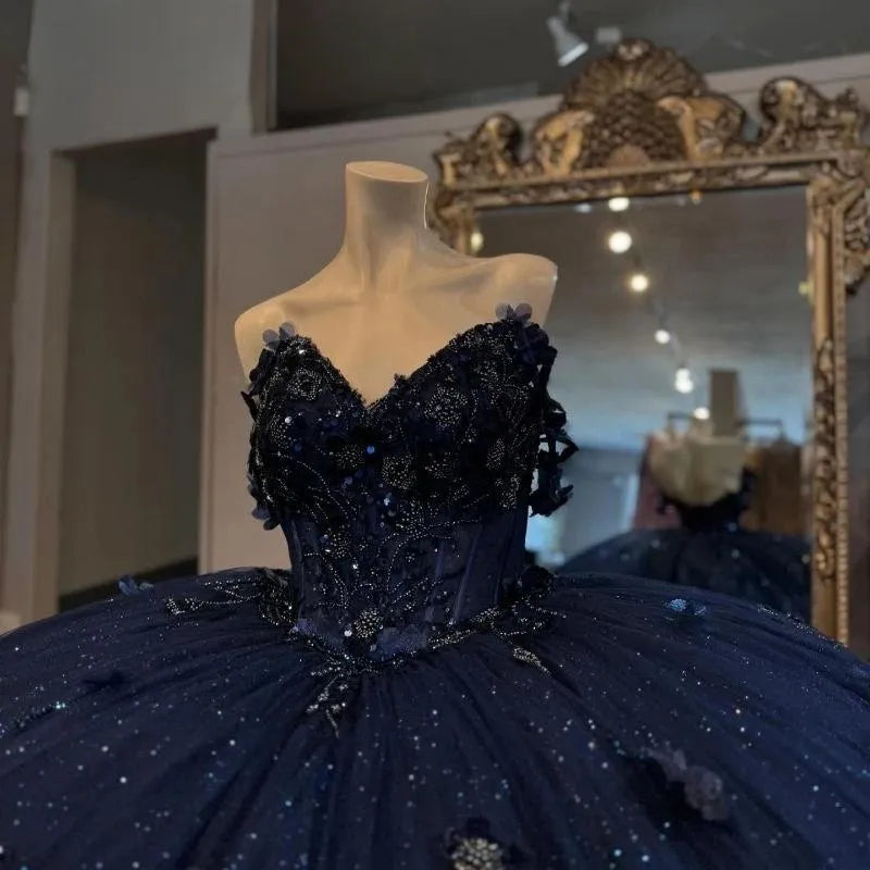 Navy Blue Tutu A-line Off-shoulder Sequined Tulle Floor-length Prom Dress Evening Dress HZ1024