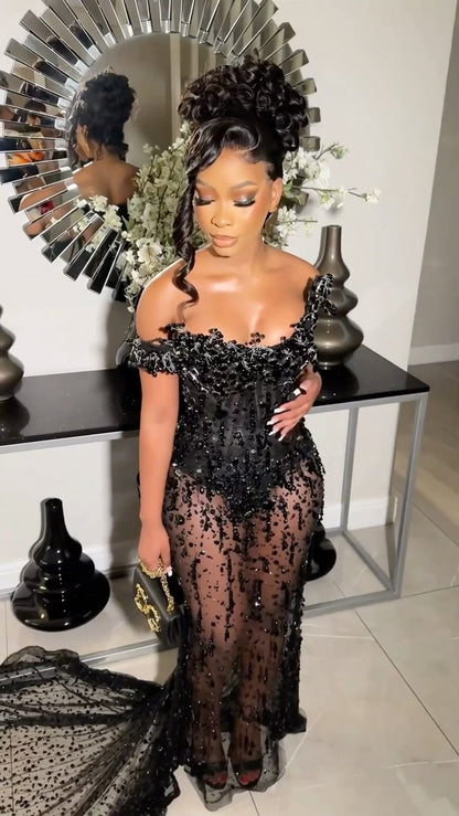 Sexy Black Off Shoulder Sparkling Mermaid Train Prom Dress Evening Dress HZ1024