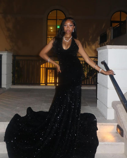 Sexy Black Halter Backless Sequin Mermaid Floor-Mounting Prom Dress Evening Dress HZ1024