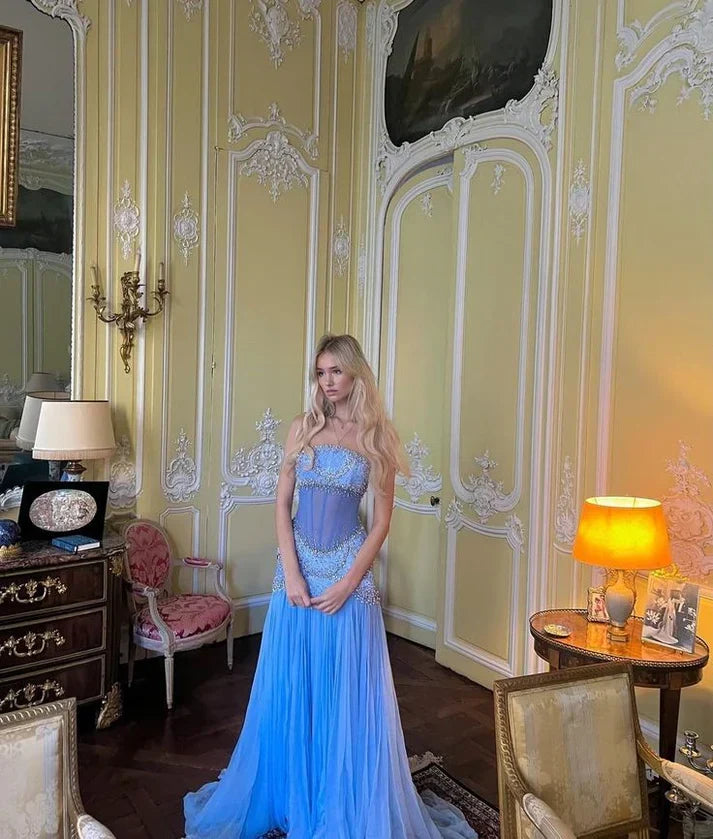 Elegant A-Line Strapless Beaded Chiffon Long Prom Dress Evening Gown HZ1024