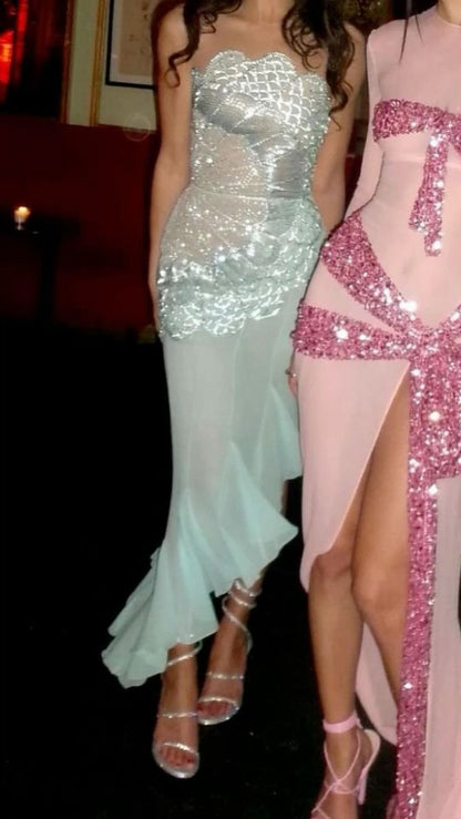 Beautiful Strapless Shiny Ruffle Sequined Side Leaking Prom Dress Evening Dress HZ1024
