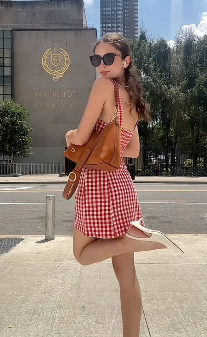 Cute Red Strap Plaid A-Line Mini Party Dress Homecoming Dress HZ1024