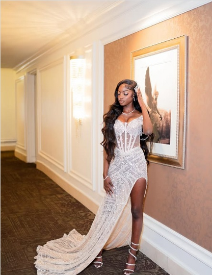 Sexy White Off Shoulder High Slit Sequined Trailing Prom Dress Evening Dress HZ1024