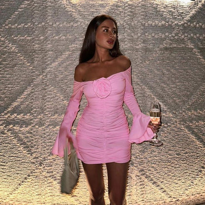 Sexy Pink Off Shoulder Long Sleeve 3D Flower Pleated Mini Party Dress Homecoming Dress HZ1024