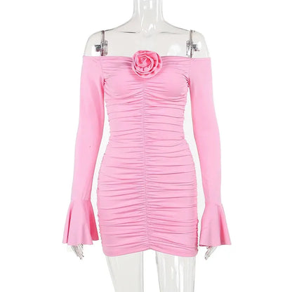 Sexy Pink Off Shoulder Long Sleeve 3D Flower Pleated Mini Party Dress Homecoming Dress HZ1024