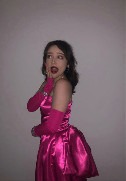 Sweet Hot Pink Strapless Satin Bow Short Party Dress Homecoming Dress Sleeveless HZ1024
