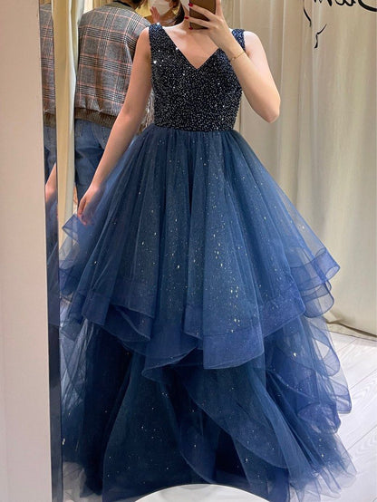 Elegant Navy A-Line Sleeveless Shiny Tulle Long Prom Dress Evening Gown HZ1024